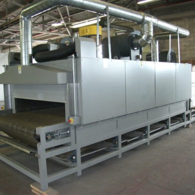 Medium wave electric infrared convection combination industrial conveyor oven, spray quench, and controls system.